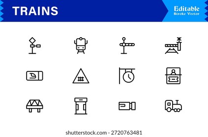 Modern Train Line Icon Collection Featuring Minimal Locomotive and Rail Elements, Unique Vector Design with Professional Quality for Transport, Travel, and Infrastructure
