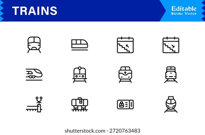 Modern Train Line Icon Collection Featuring Minimal Locomotive and Rail Elements, Unique Vector Design with Professional Quality for Transport, Travel, and Infrastructure
