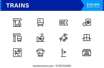 Modern Train Line Icon Collection Featuring Minimal Locomotive and Rail Elements, Unique Vector Design with Professional Quality for Transport, Travel, and Infrastructure
