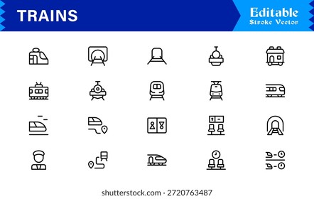 Modern Train Line Icon Collection Featuring Minimal Locomotive and Rail Elements, Unique Vector Design with Professional Quality for Transport, Travel, and Infrastructure
