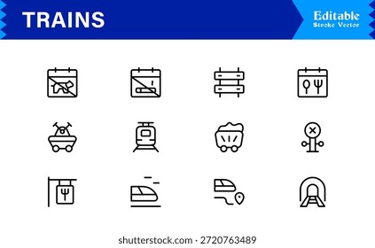 Modern Train Line Icon Collection Featuring Minimal Locomotive and Rail Elements, Unique Vector Design with Professional Quality for Transport, Travel, and Infrastructure
