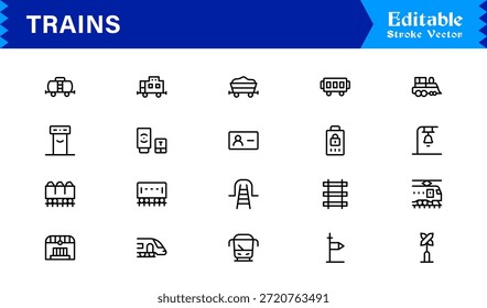 Modern Train Line Icon Collection Featuring Minimal Locomotive and Rail Elements, Unique Vector Design with Professional Quality for Transport, Travel, and Infrastructure
