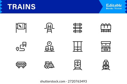Modern Train Line Icon Collection Featuring Minimal Locomotive and Rail Elements, Unique Vector Design with Professional Quality for Transport, Travel, and Infrastructure
