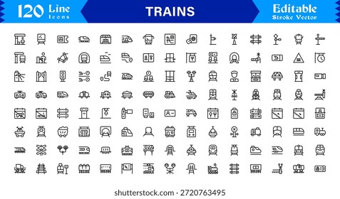 Modern Train Line Icon Collection Featuring Minimal Locomotive and Rail Elements, Unique Vector Design with Professional Quality for Transport, Travel, and Infrastructure
