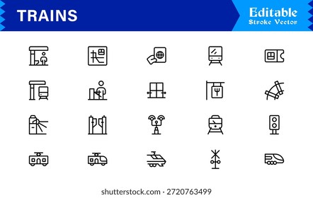 Modern Train Line Icon Collection Featuring Minimal Locomotive and Rail Elements, Unique Vector Design with Professional Quality for Transport, Travel, and Infrastructure
