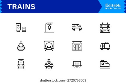 Modern Train Line Icon Collection Featuring Minimal Locomotive and Rail Elements, Unique Vector Design with Professional Quality for Transport, Travel, and Infrastructure

