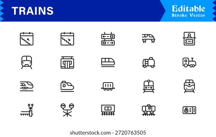 Modern Train Line Icon Collection Featuring Minimal Locomotive and Rail Elements, Unique Vector Design with Professional Quality for Transport, Travel, and Infrastructure
