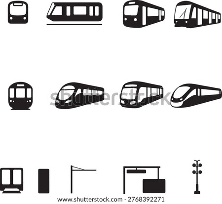 Modern train and metro transport icon set black silhouette