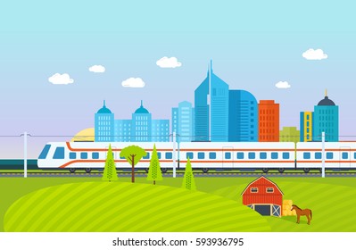 Modern train on the background of the city, surroundings, the landscape, fields and farms, subway, railroad, buildings, structures. Vector illustration.