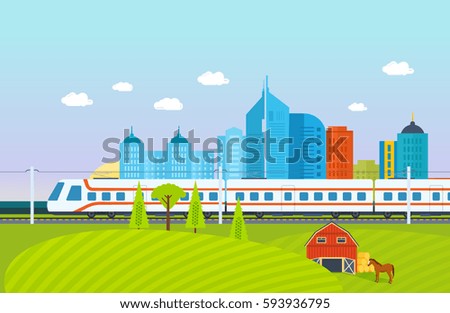 Modern train on the background of the city, surroundings, the landscape, fields and farms, subway, railroad, buildings, structures. Vector illustration.