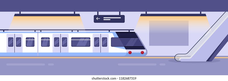 Modern train on empty subway station. Railway metro station indoor interior, vector illustration. City passenger underground public transport.