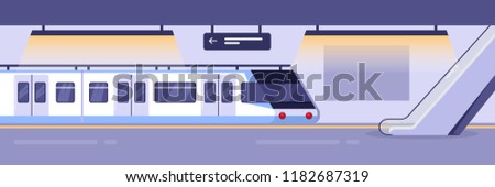 Modern train on empty subway station. Railway metro station indoor interior, vector illustration. City passenger underground public transport.