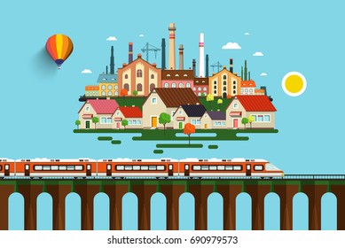 Modern Train on High Bridge and Abstract City on Background. Vector Flat Design Illustration.