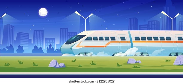 Modern Train On Night Cityscape Background, Suburban Electric Railroad Transport, Contemporary High Speed Locomotive, City Railway Commuter Transportation Vehicle Side View Cartoon Vector Illustration