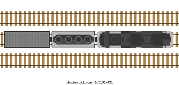 Modern Train On Rails Isolated On White Background. Railway Station With Wagons From Above. Top View. Simple Realistic Style. Cartoon Flat Style Vector Illustration.