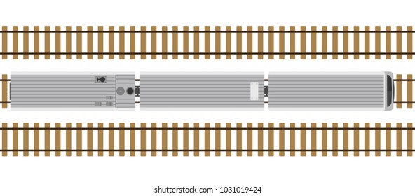 Modern train on rails isolated on white background. Railway station with wagons from above. Top view. Simple realistic style. Cartoon flat style vector illustration.