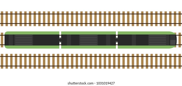 Modern train on rails isolated on white background. Railway station with wagons from above. Top view. Simple realistic style. Cartoon flat style vector illustration.