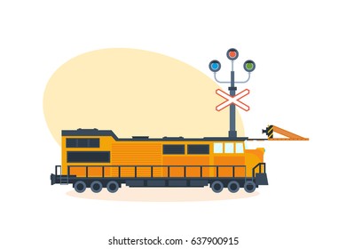 Modern train on railway, on street of city. Vector illustration isolated on white background.