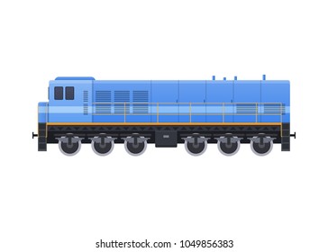 Modern train on railway. Railway type of transport, locomotive, with a passenger compartment, cargo wagons and trailers. Classic train. Vector illustration isolated.