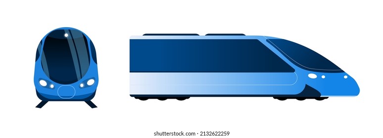 Modern Train Side And Front View Vector Isolated Illustration. Fast Passenger And Tourist Vehicle For Outside Or Subway. Set In Flat Style