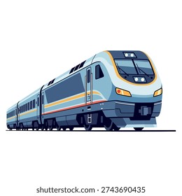 Modern train with sleek blue and gray design, yellow accents, on railway tracks.
