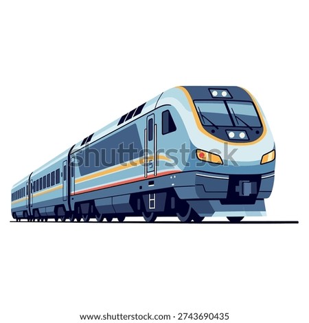 Modern train with sleek blue and gray design, yellow accents, on railway tracks.