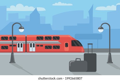 Modern train at station or at platform. Cartoon vector illustration. Red high-speed train arriving or awaiting departure and suitcases on platform. Transport, travel, journey concept for banner design