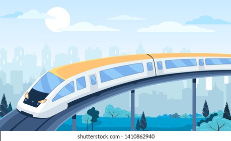 Modern train transport highway in the city. Flat vector ilustration