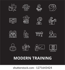 Modern training editable line icons vector set on black background. Modern training white outline illustrations, signs, symbols