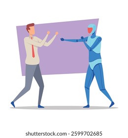 In modern training environment, human and robot engaged in simulated interaction, Man eager practicing skills. Advancements in technology and collaboration concept