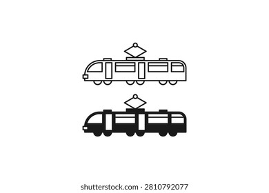 Modern tram or city train icon set in outline and silhouette style, public transportation graphic element isolated on white background