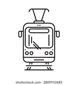 Modern tram icon, front view of a streetcar vehicle, public transport outline vector symbol