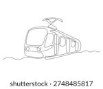 Modern tram or light rail train line drawing, simple outline illustration of public transport vehicle on rails, minimalistic urban transit sketch. One line art