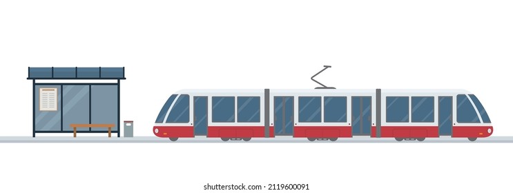 Modern tram and tram station isolated on white background. Concept of public transport. Flat style. Vector illustration.