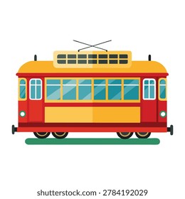 Modern tram streetcar vector design in flat style passing through city landscape with passengers and urban transport concept