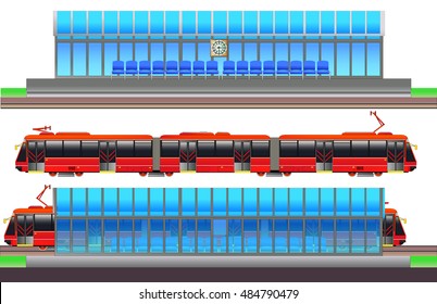Modern tram and tramway station. Side views. Vector illustration. Isolated on white. Flat style