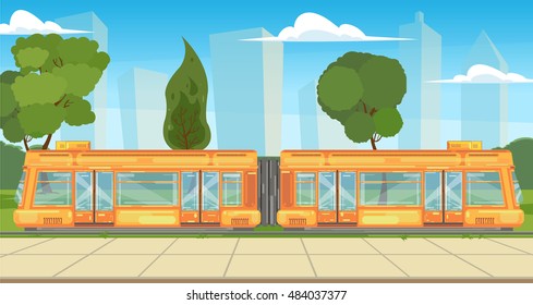 modern tram in the urban landscape. vector illustration.