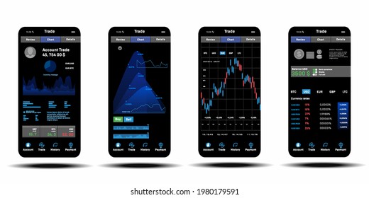 Moderna plataforma de transporte.  Aplicación en tu smartphone con interfaz de usuario, UX, tipos de cambio y crecimiento de bitcoin en el mercado de valores. Mercado de divisas, acciones binarias, gráfico de operaciones