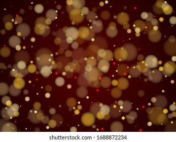 Modern transparent bokeh lights holiday decoration. Luxury gold glitter confetti, yellow golden shiny explosion. Blurred bokeh lights flare effect circle particles falling card pattern