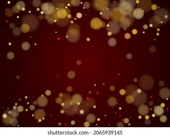 Modern transparent bokeh lights vector background. Luxury gold glitter confetti, yellow golden shiny explosion. Blurred bokeh lights flare effect circle particles Christmas banner pattern