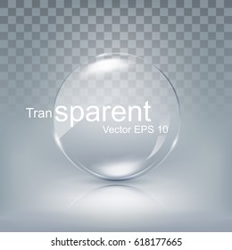 Modern transparent circle lens, sphere glass for button with shadow on white background, vector illustration