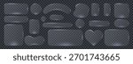 Modern transparent frame with 3d glass button shapes for ui design and morphism style. Glossy interface elements highlight smooth button concept and glass morphism aesthetics.