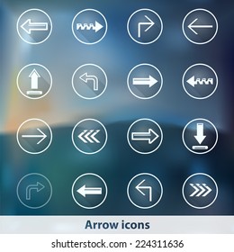 Modern transparent icons with arrows and flat long shadow. Ghost transparent icons on blur background