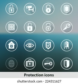 Modern transparent protection icons and flat long shadow. Ghost transparent icons on blur background