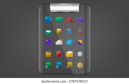 Modern transparent tablet user interface displaying colorful application library icons on a glossy dark screen with futuristic digital dashboard style for mobile technology concepts