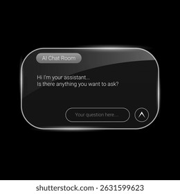 Modern transparent user interface featuring a glossy chatroom with an AI assistant. 