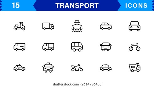 Modern Transport Icon Set Vector Illustration. Featuring Essential Vehicles, Infrastructure, and Travel Symbols for Professional Transport Designs.