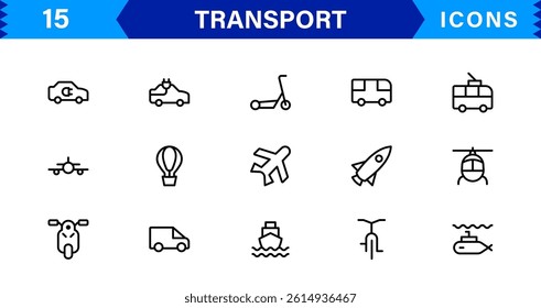 Modern Transport Icon Set Vector Illustration. Featuring Essential Vehicles, Infrastructure, and Travel Symbols for Professional Transport Designs.