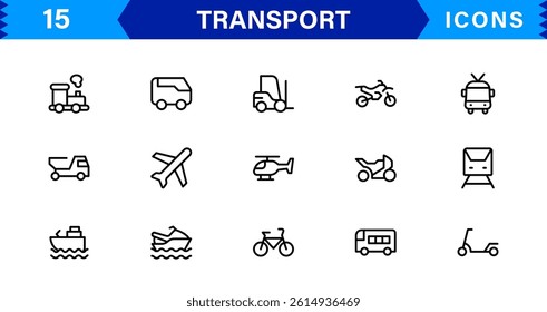 Modern Transport Icon Set Vector Illustration. Featuring Essential Vehicles, Infrastructure, and Travel Symbols for Professional Transport Designs.