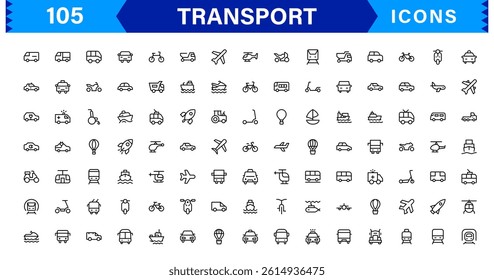 Modern Transport Icon Set Vector Illustration. Featuring Essential Vehicles, Infrastructure, and Travel Symbols for Professional Transport Designs.